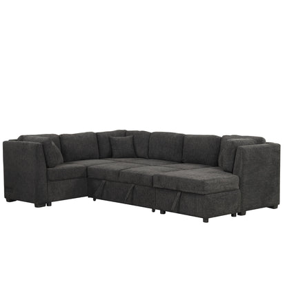 U-Shaped Sectional Sofa Pull Out Sofa Bed With Two USB Ports, Two Power Sockets, Three Back Pillows And A Storage Chaise For Living Room - Black