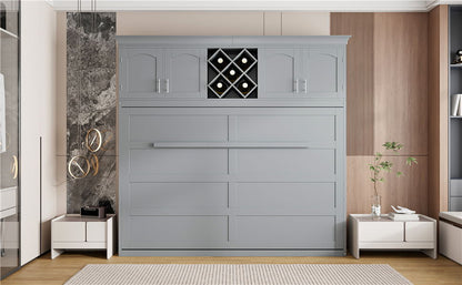 Queen Size Murphy Wall Bed With Top Cabinets & Wine Rack - Gray
