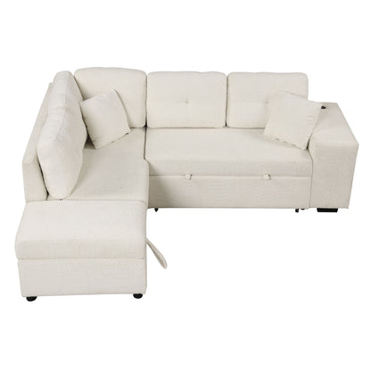 Convertible Sleeper, Sectional Pull Out Sofa Bed With Storage Ottoman, 2 Throw Pillows, 2 Stools, Wireless Charger And Two Hidden USB Ports For Living Room - Cream