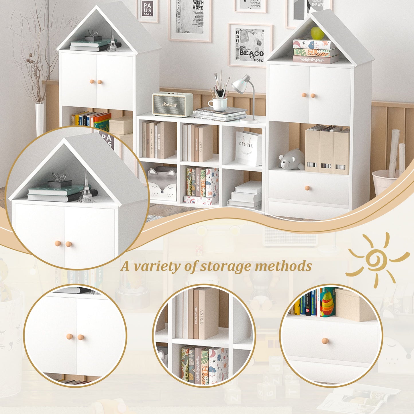 Versatile Children's Bookshelf With House-Shaped Design Multifunctional Storage - White
