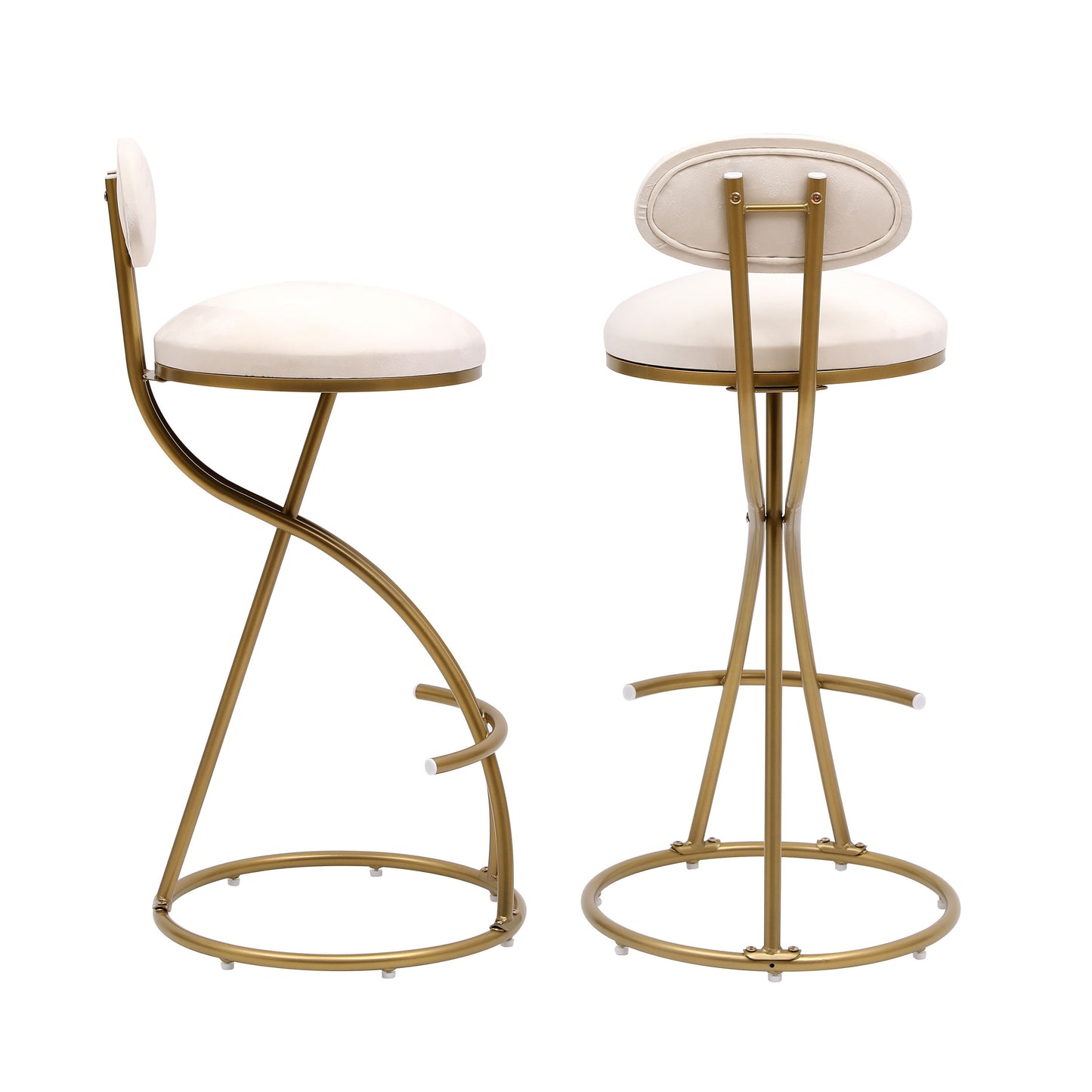 Round Bar Stool Armless Velvet Barstools With Back (Set of 2) Upholstered Counter Chair For Dining Room, Kitchen Island - Gold / Creamy White