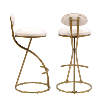 Round Bar Stool Armless Velvet Barstools With Back (Set of 2) Upholstered Counter Chair For Dining Room, Kitchen Island - Gold / Creamy White
