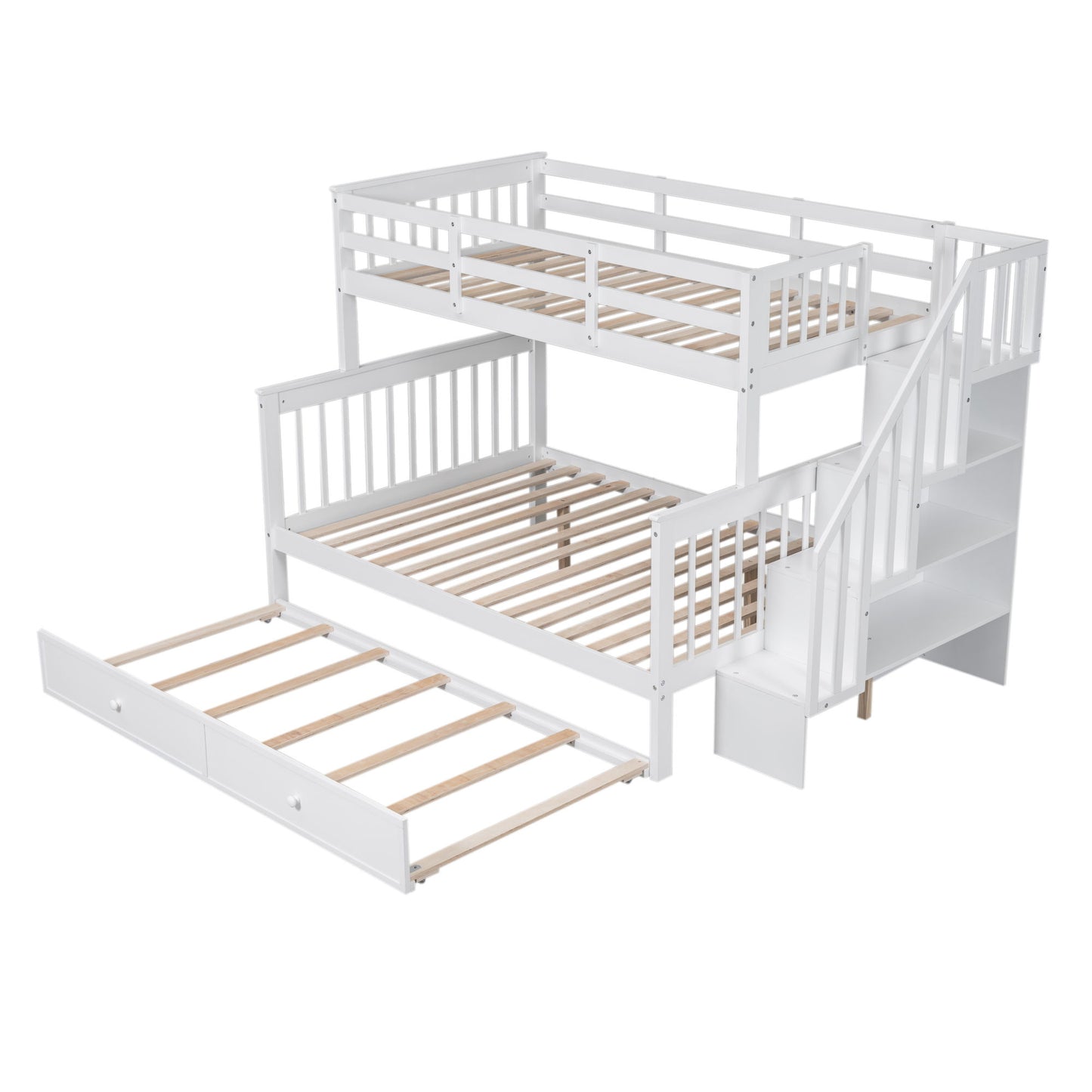 Twin Over Full Bunk Bed With Twin Size Trundle, Storage And Guard Rail For Bedroom - White