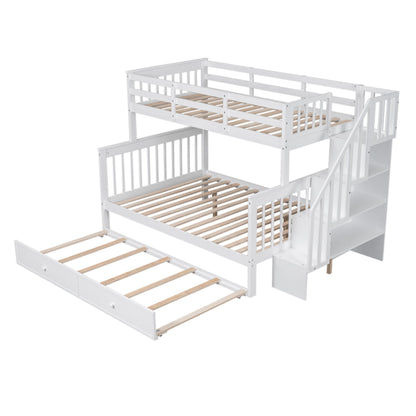 Twin Over Full Bunk Bed With Twin Size Trundle, Storage And Guard Rail For Bedroom - White
