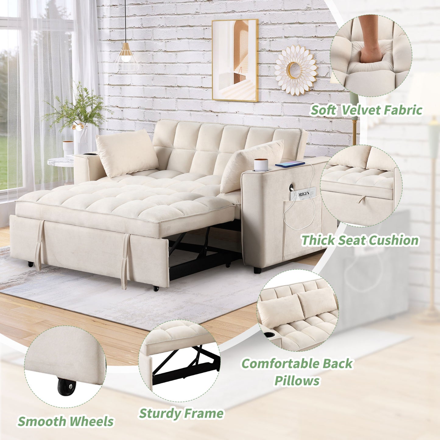 Multi Functional Sofa Bed With Cup Holder And USB Port For Living Room Or Apartments - Milk White