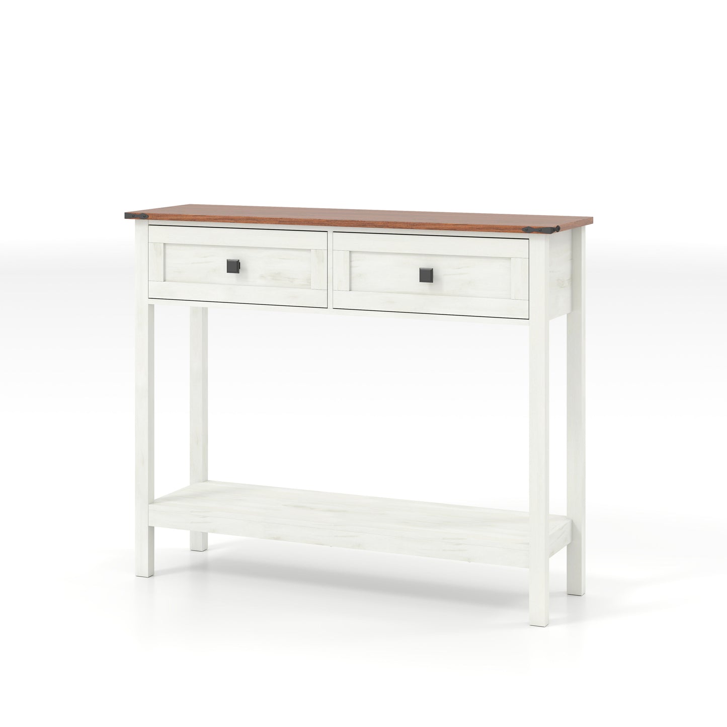 Farmhouse Style Console Table With 2 Drawers And Bottom Storage Shelf - Antique White
