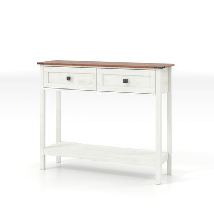 Farmhouse Style Console Table With 2 Drawers And Bottom Storage Shelf - Antique White