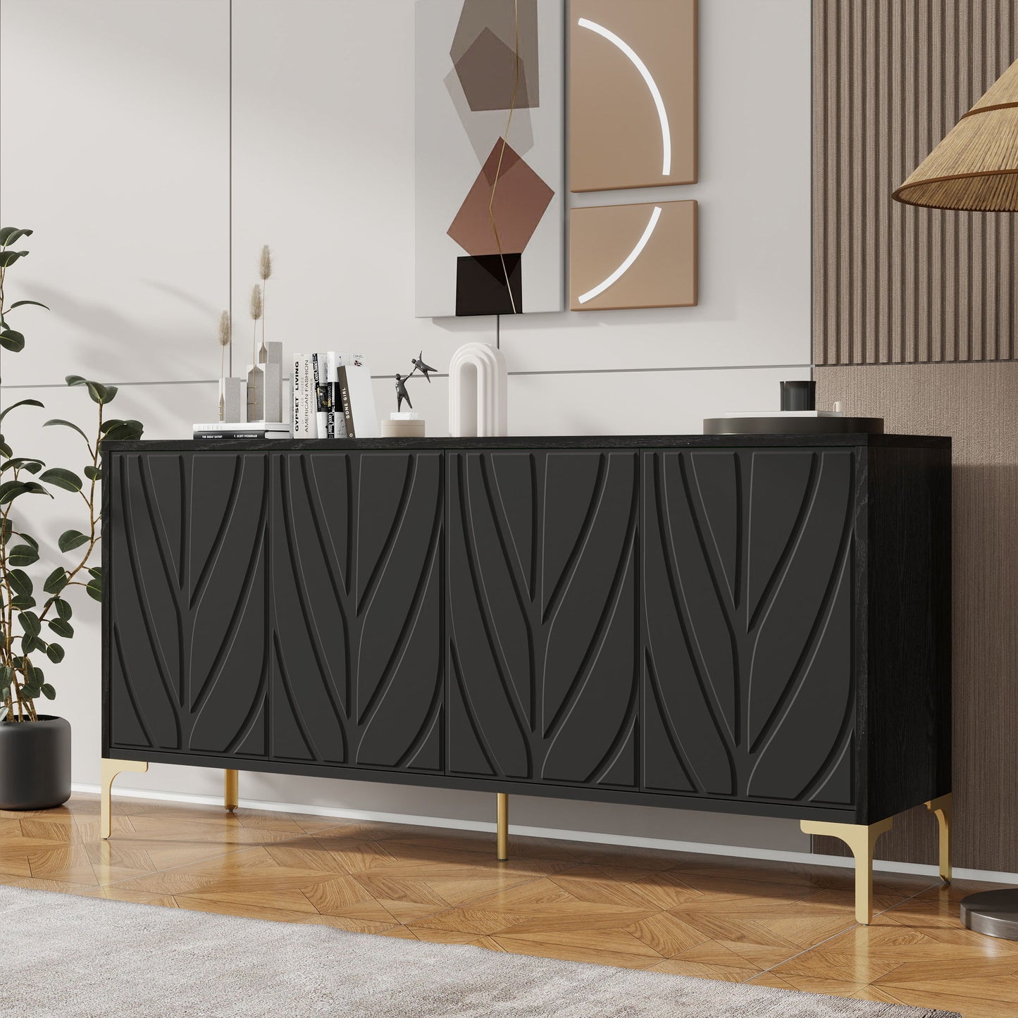 Modern Sideboard Buffet Cabinet With Handleless Press To Open Design, Carved Credenza Storage Cabinet With 4 Doors Construction - Black