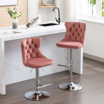 Swivel Velvet Barstools Adjusatble Seat Height From 25-33", Modern Upholstered Chrome Base Bar Stools With Backs Comfortable Tufted For Home Pub And Kitchen Island 1712Pk (Set of 2) - Pink