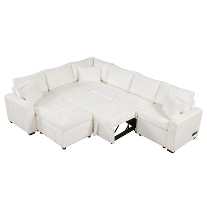Sectional Sofa Pull-Out Sofa Bed Sleeper With A Storage Ottoman, Three Pillows And Charging Devices For Living Room - Cream