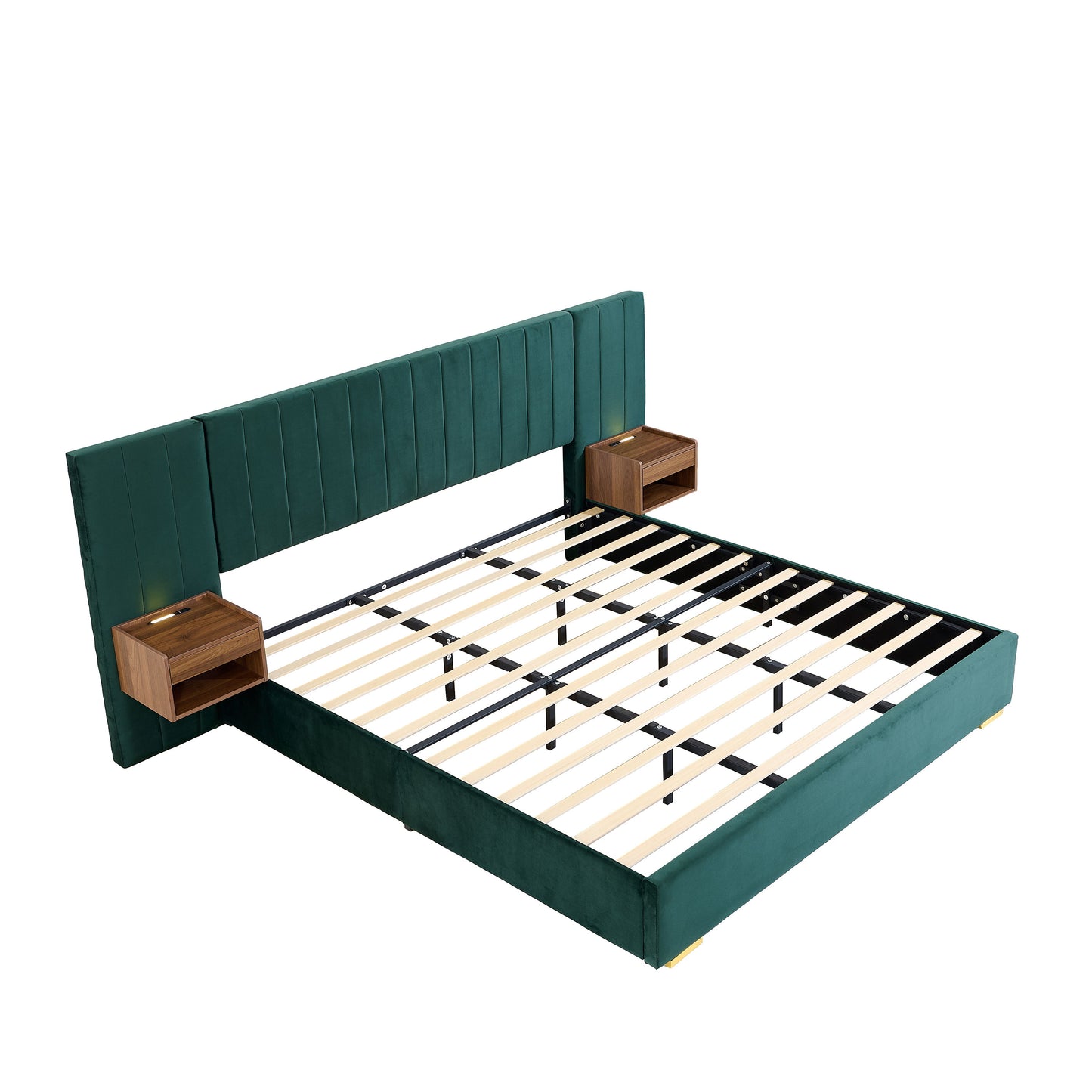 Upholstered King Size Bed Frame Of Velvet Tufted Headboard With Floating Nightstand LED / USB Built-In - Dark Green