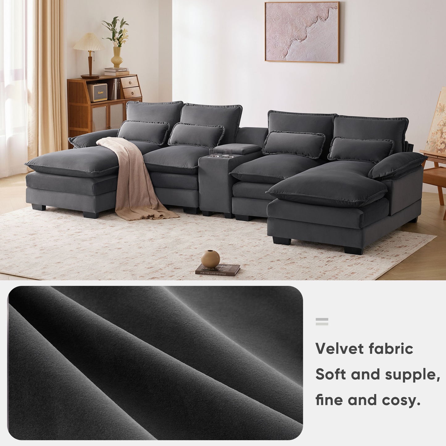 Modern U Shaped Sofa With Console, Cupholders And USB Ports, 6 Seat Upholstered Symmetrical Indoor Furniture, Sleeper Couch Set With Chaise - Gray