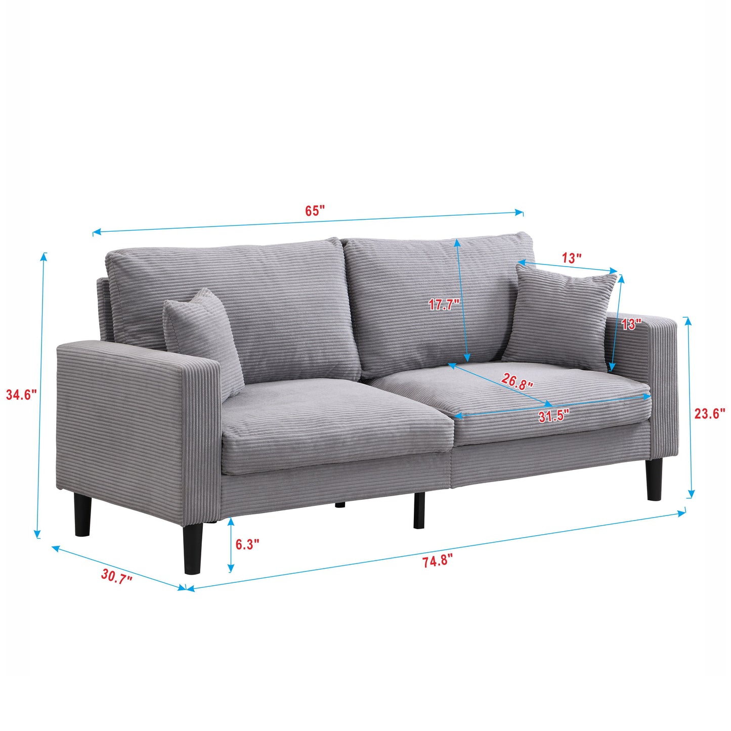 Modern Upholstered 2 Piece Sofa Set With 3 Seater And 2 Seater For Living Room - Light Gray