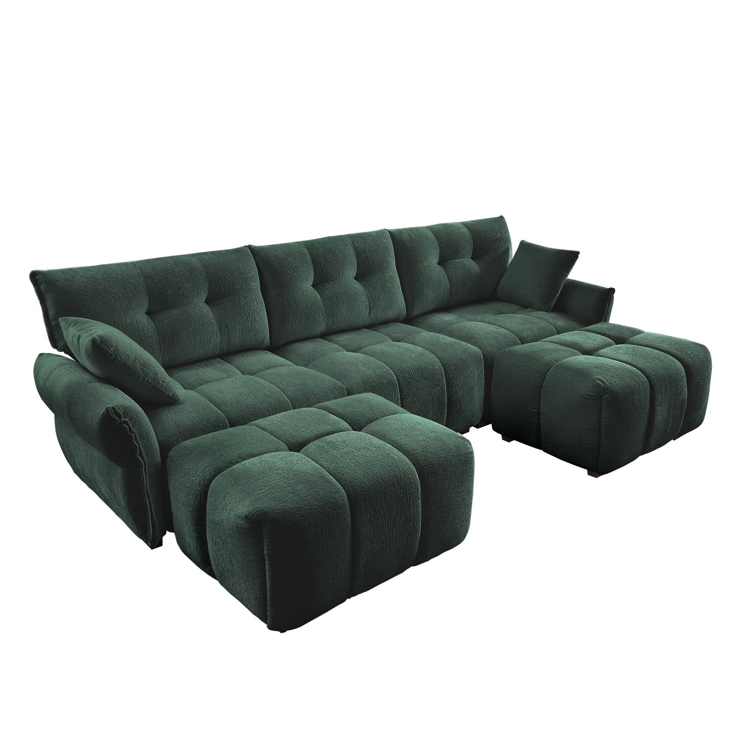 Elegant Textured 3 Seater Sofa Set With Ottoman And Throw Pillows Frame - Green
