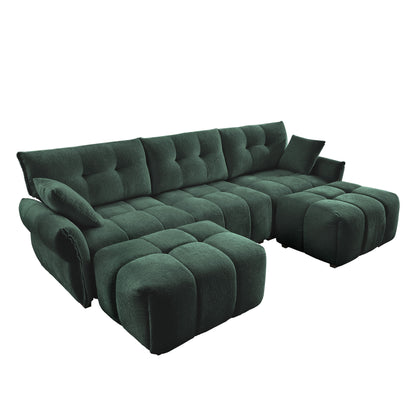 Elegant Textured 3 Seater Sofa Set With Ottoman And Throw Pillows Frame - Green