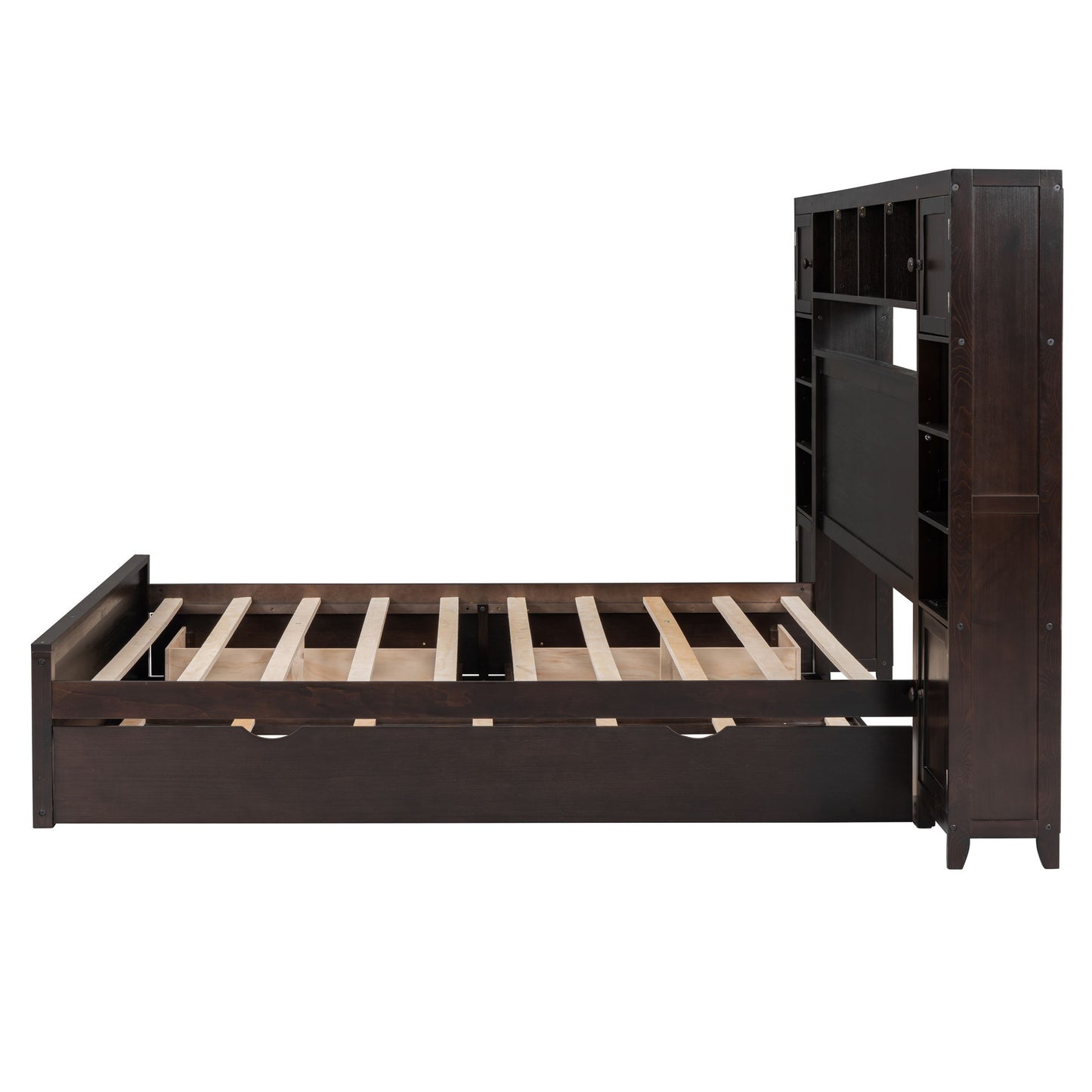 Queen Size Bed With All In One Cabinet, Shelf And Sockets, Twin Long Trundle - Espresso