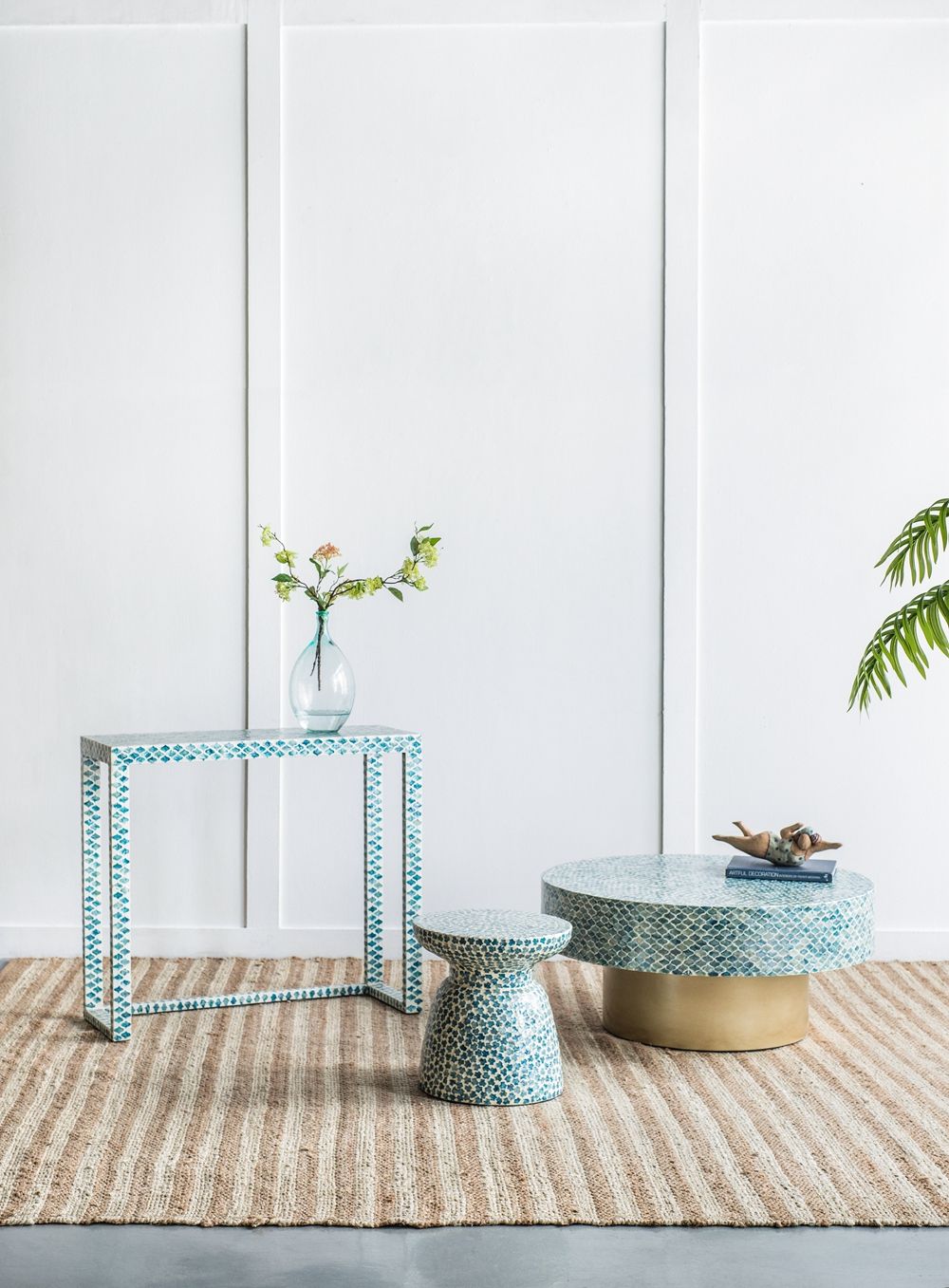 Unique Hyperion Capiz Inlay Drum Coffee Table With Pedestal Base - Multi