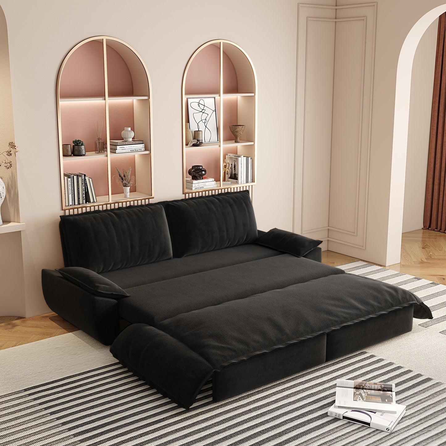 Queen Pull Out Sofa Bed, 3 In 1 Convertible Sleeper Sofa Multifunctional Velvet Loveseat Bed - Black