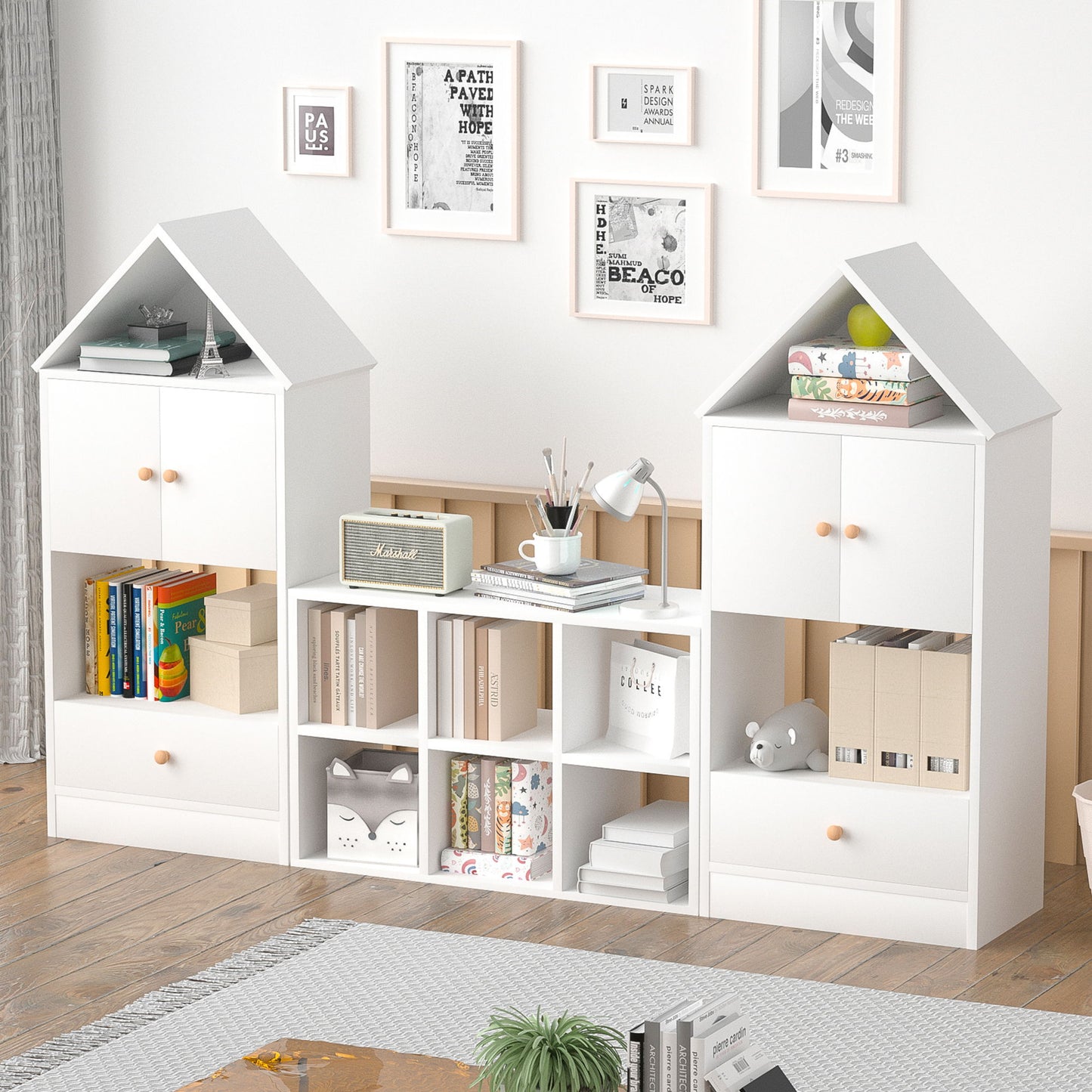 Versatile Children's Bookshelf With House-Shaped Design Multifunctional Storage - White