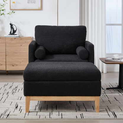 Farmhouse Upholstered Accent Chair With Ottoman Wood Base, Reversible Lid Coffee Table For Living Room - Black