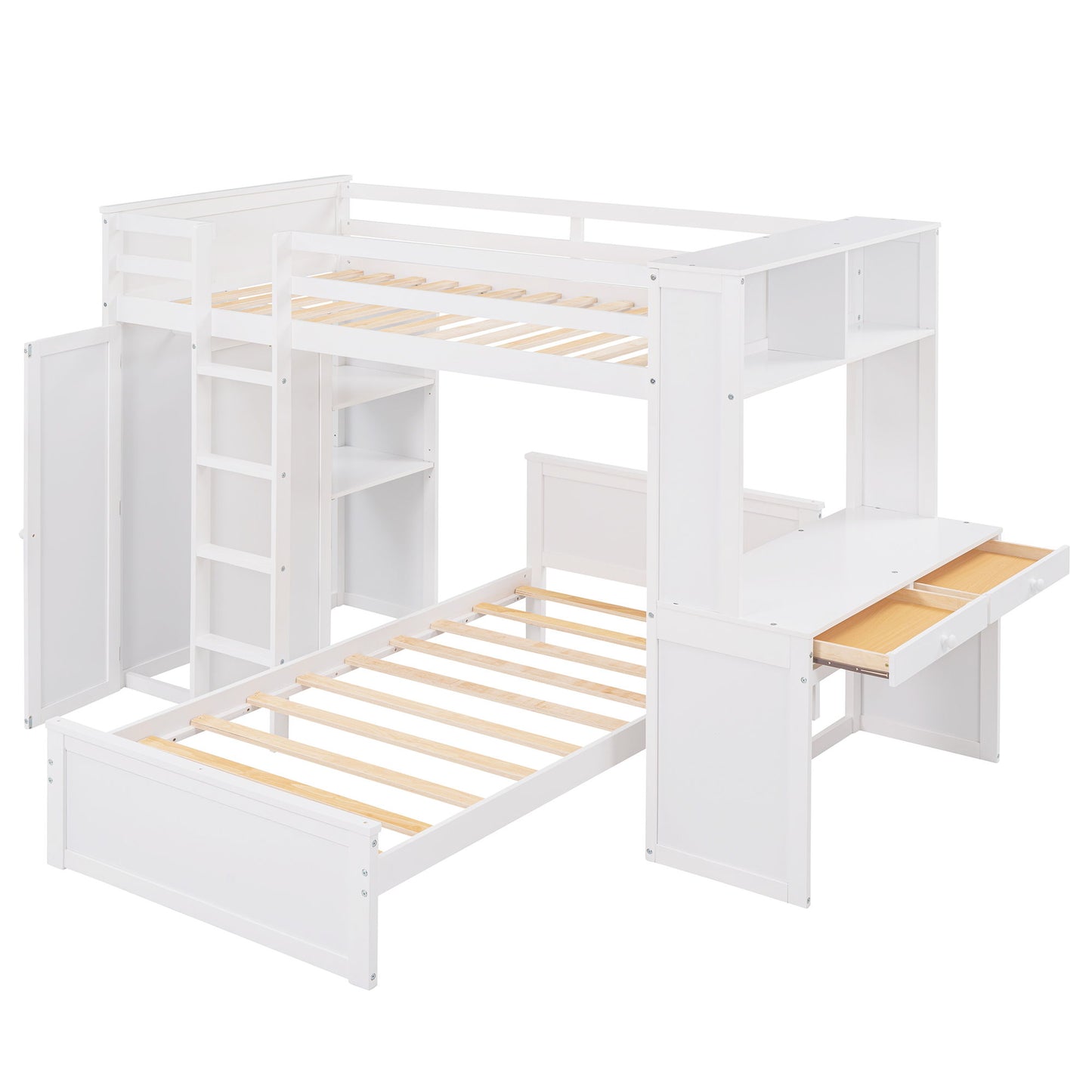 Twin Size Loft Bed With A Stand Alone Bed, Shelves, Desk, And Wardrobe - White