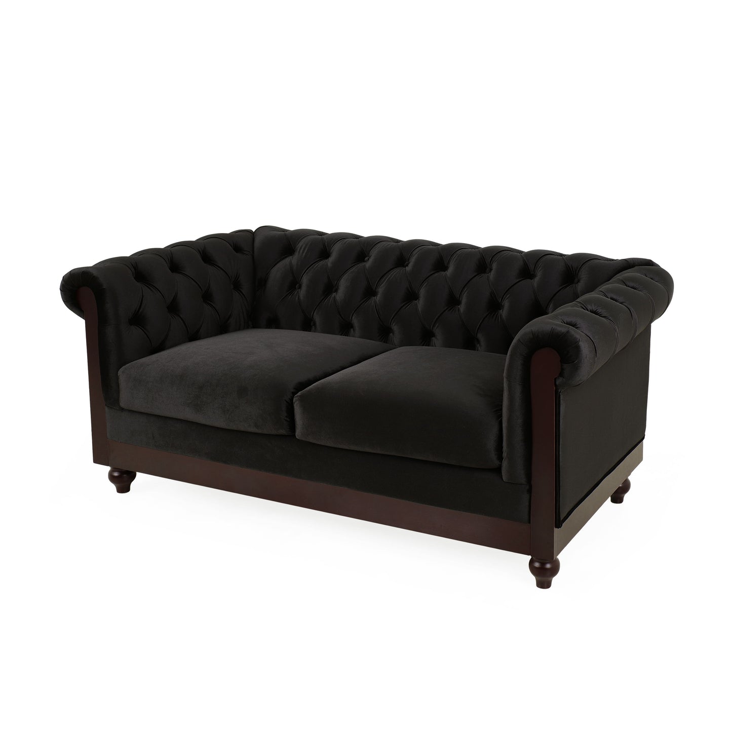 Chesterfield Velvet Loveseat Sofa, 2 Person Rolled Arm Upholstered Couch - Black