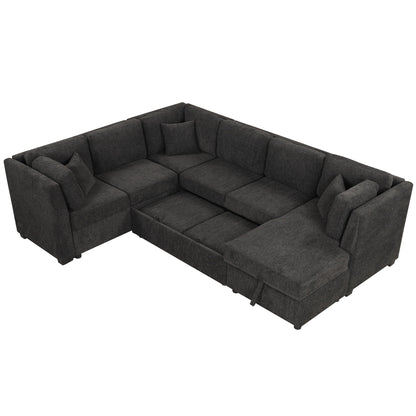 U-Shaped Sectional Sofa Pull Out Sofa Bed With Two USB Ports, Two Power Sockets, Three Back Pillows And A Storage Chaise For Living Room - Black