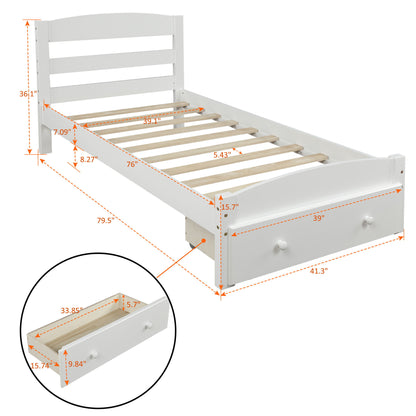 Twin Platform Bed Frame With Storage Drawer And Slat Support No Box Spring Needed - White