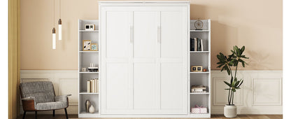 Queen Size Murphy Wall Bed With Shelves And LED Lights - White