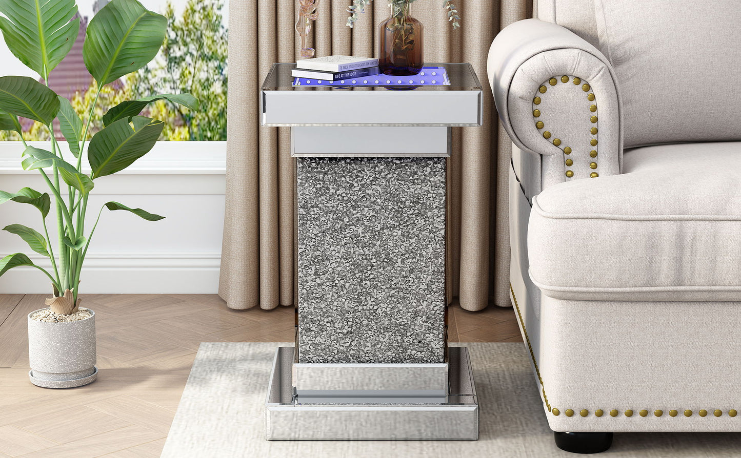 Square Mirrored End Table With Led Lights, Modern Side Table With Crushed Diamond For Living Room - Silver