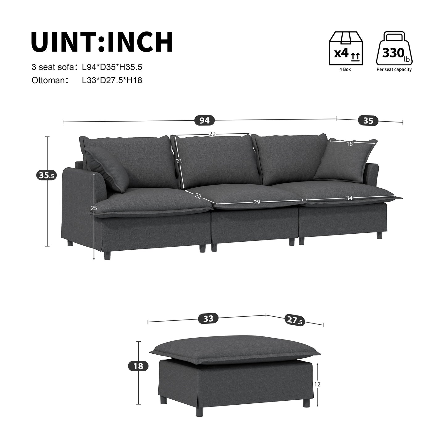 Sectional Sofa With Ottoman L Shaped Cloud Couch Set With Throw Pillows, Free Combination 4 Seat Modular Upholstered - Gray