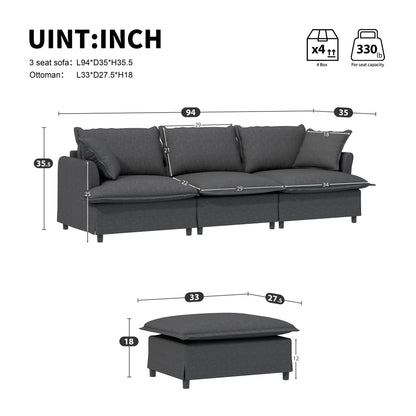 Sectional Sofa With Ottoman L Shaped Cloud Couch Set With Throw Pillows, Free Combination 4 Seat Modular Upholstered - Gray