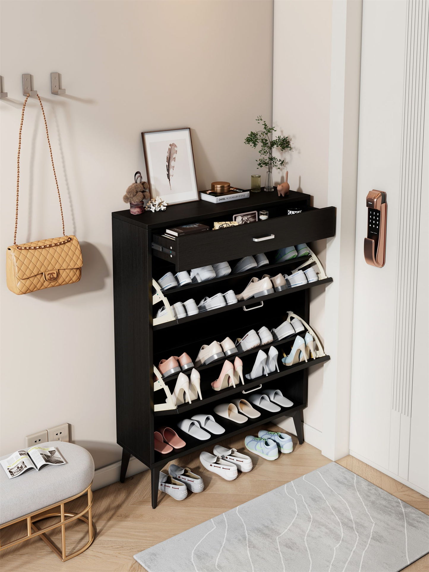 Shoe Cabinet, Shoe Storage Shelves - Black