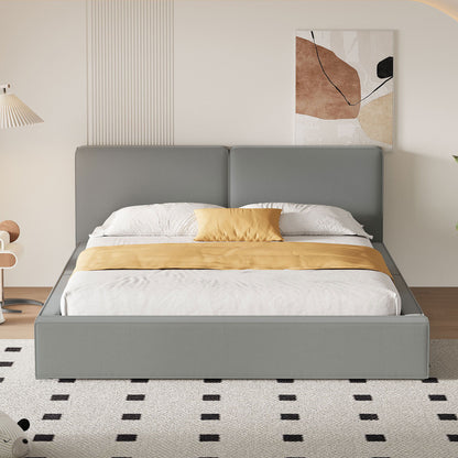 Queen Size Upholstered Platform Bed, Grounded Bed With Solid Frame - Gray