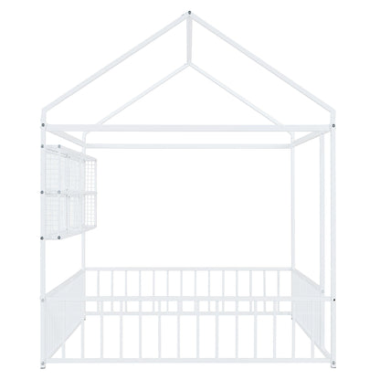 Full Size Bed House Frame With Fence And Shelves - White