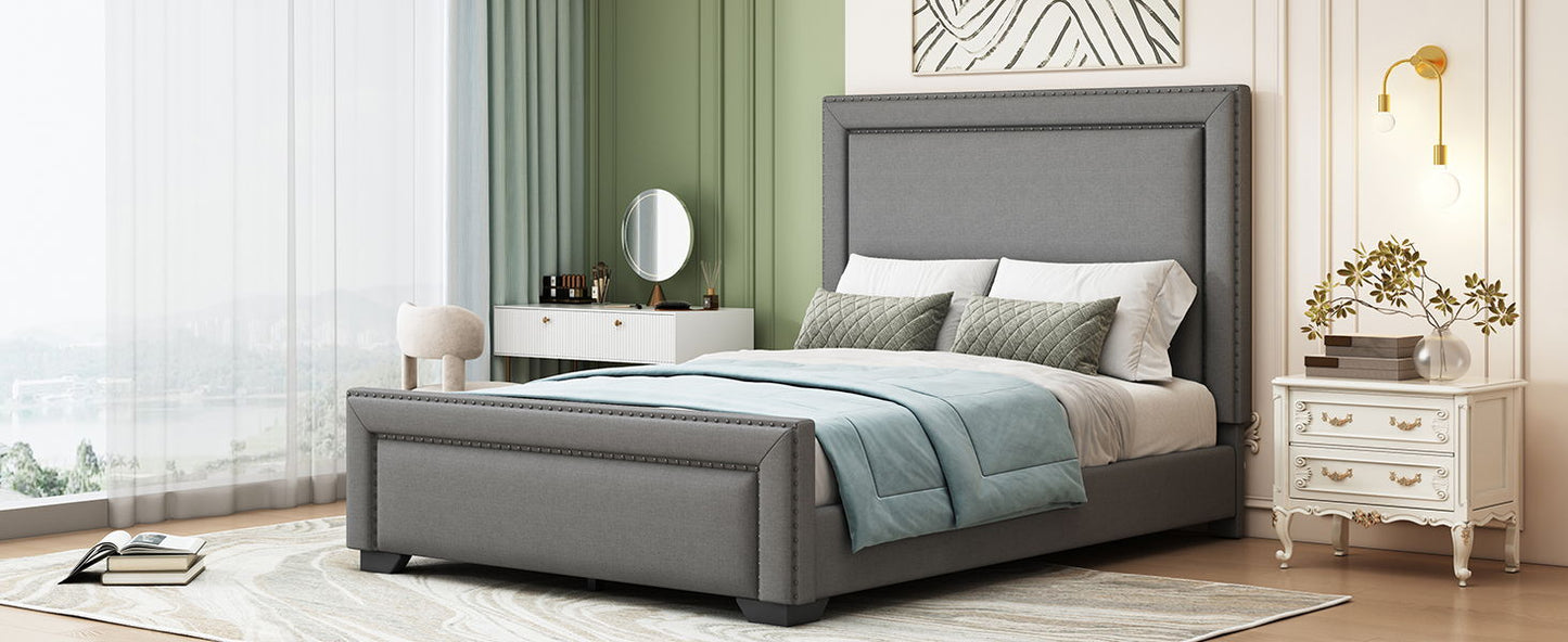 Queen Size Upholstered Bed With Slats Support, No Box Spring Needed - Gray
