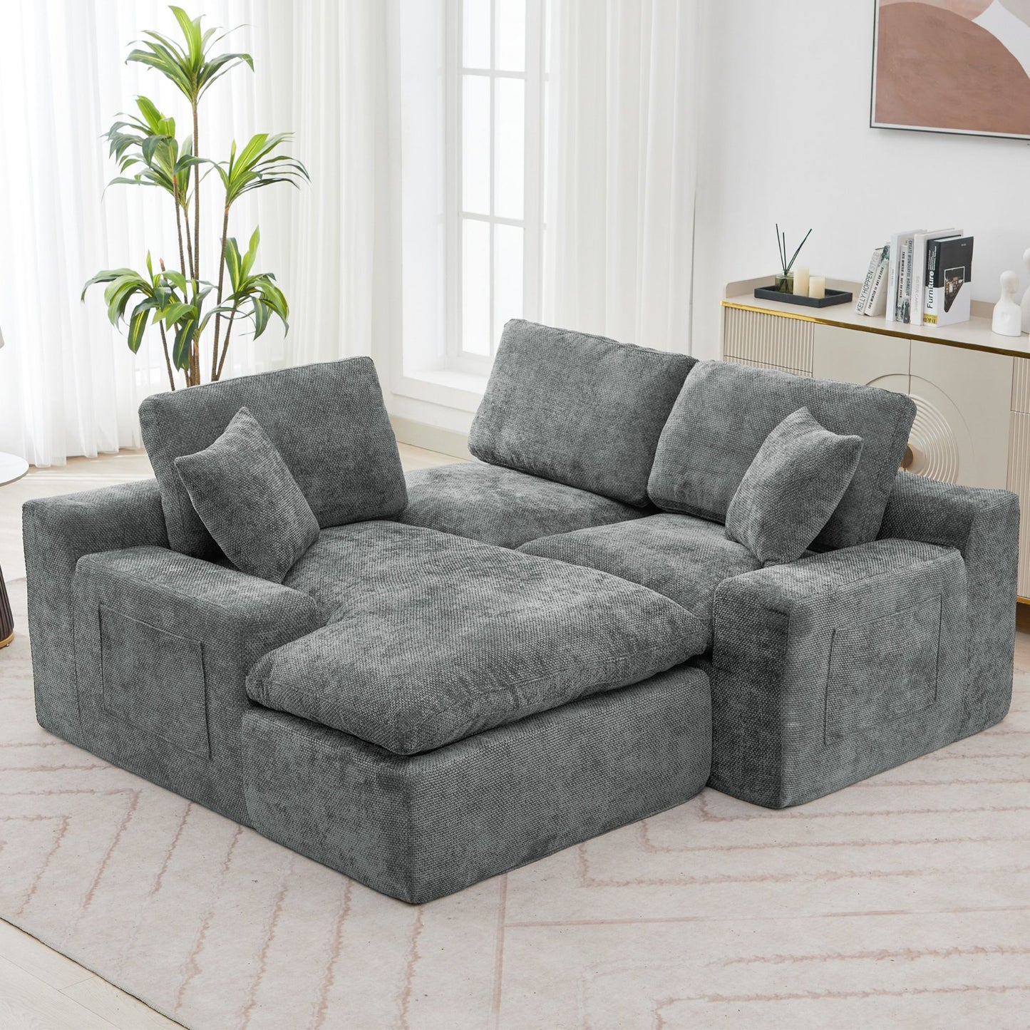 Cloud Sectional Sofa Upholstered Sofa Couch With Double-Layer Cushion And Side Pockets, Free Combined Sectional Sofa Full Compressed Sofa For Living Room - Gray