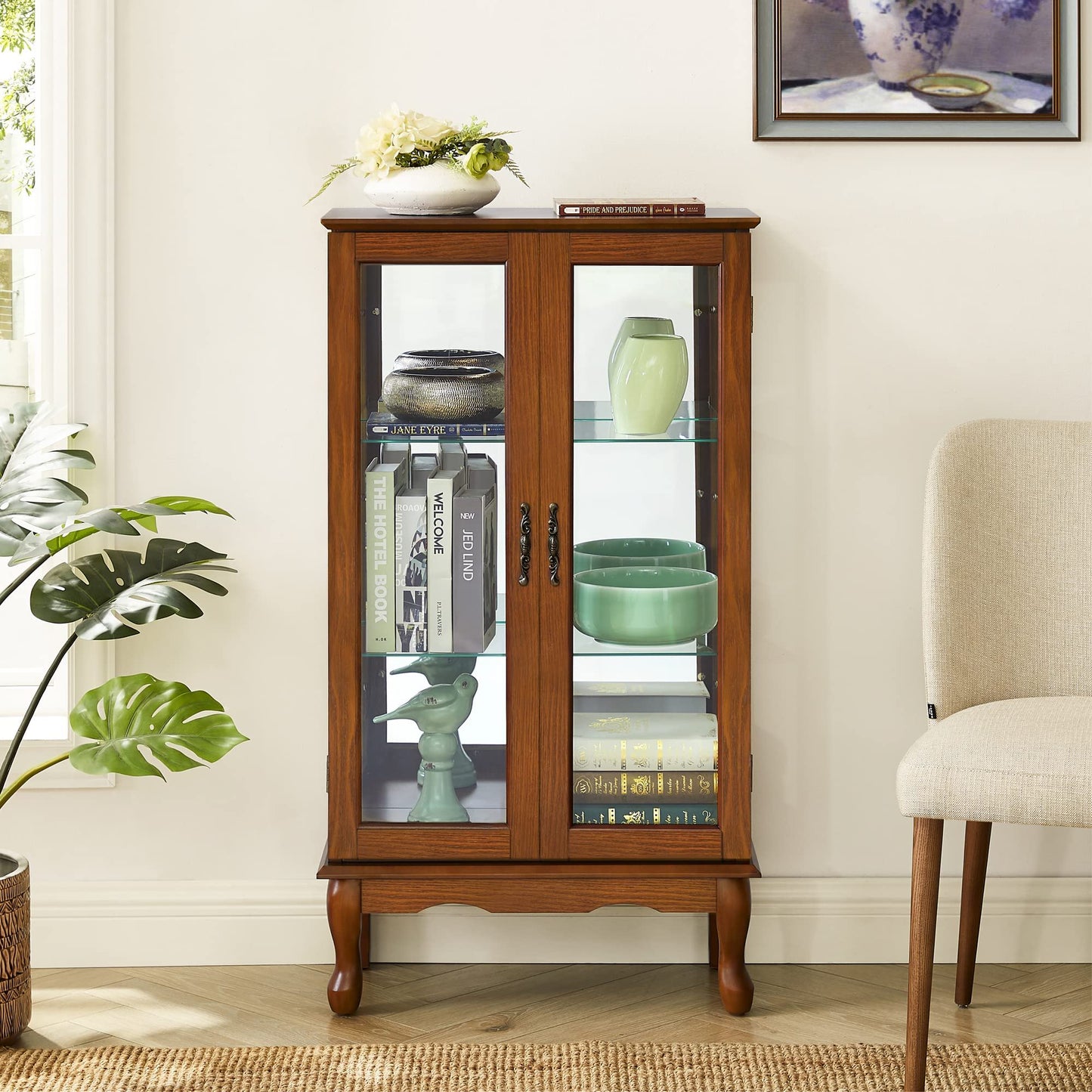 Curio Cabinet Lighted Curio Diapaly Cabinet With Adjustable Shelves And Mirrored Back Panel, Tempered Glass Doors (3 Tier), (E26 Light Bulb Not Included) - Oak