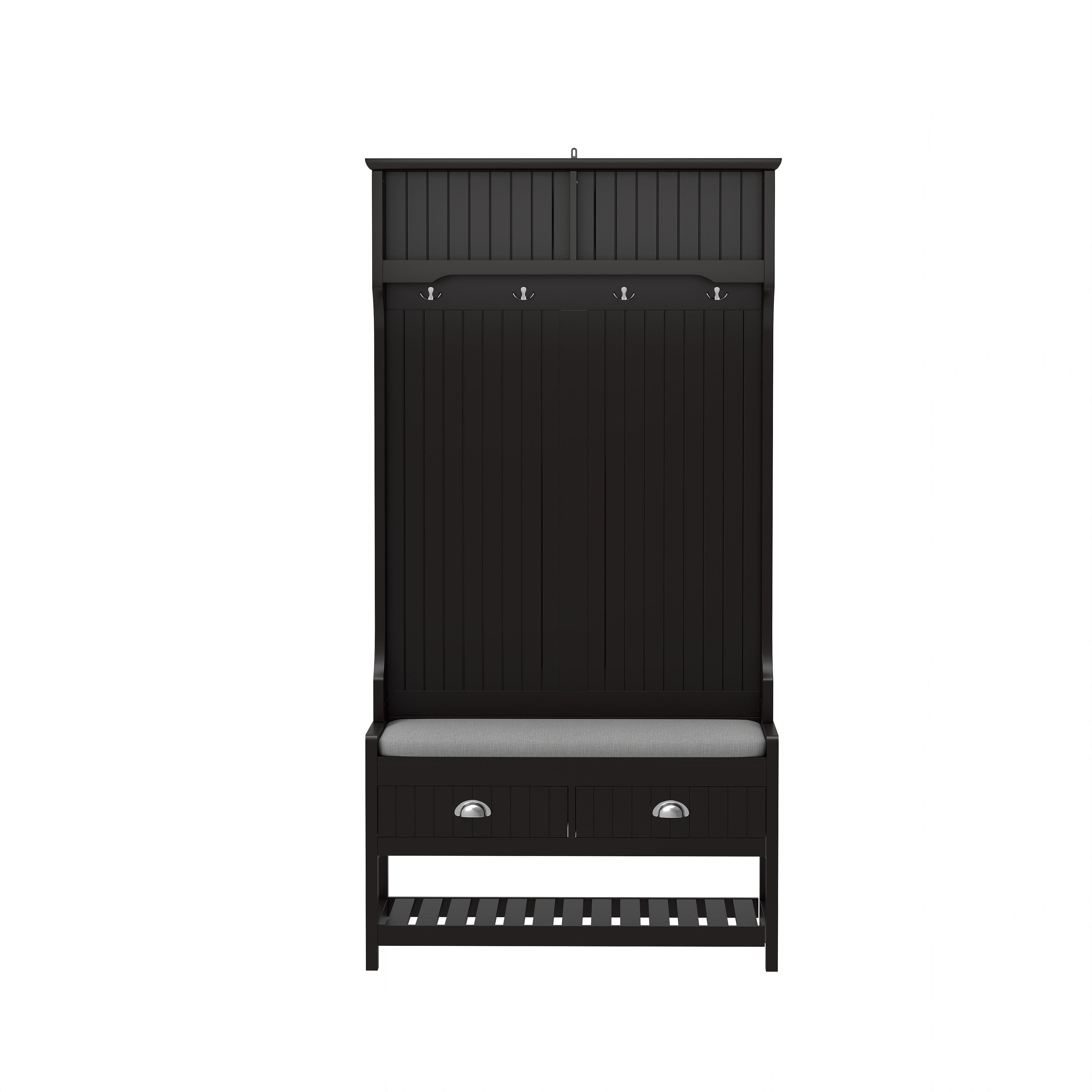 3 In 1 Wooden Hallway Hall Tree With Storage Drawers, Coat Rack, Shoe Rack Bench, And Cushion - Amber Graphite / Black