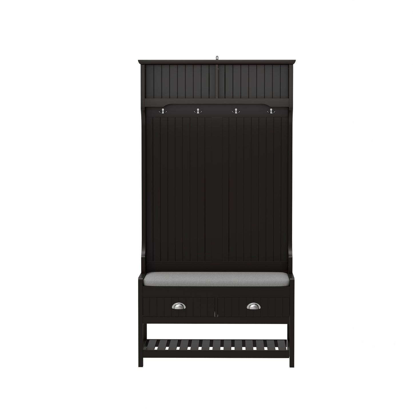 3 In 1 Wooden Hallway Hall Tree With Storage Drawers, Coat Rack, Shoe Rack Bench, And Cushion - Amber Graphite / Black