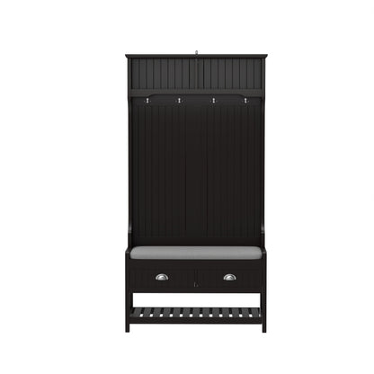 3 In 1 Wooden Hallway Hall Tree With Storage Drawers, Coat Rack, Shoe Rack Bench, And Cushion - Amber Graphite / Black