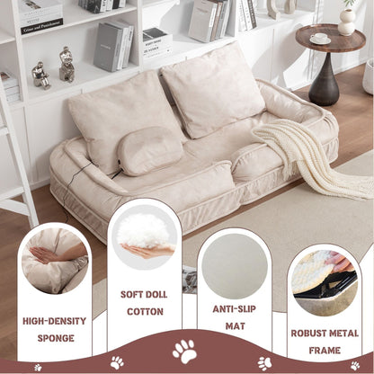 Upholstered Human Dog Bed And Pets Bean Bag Floor Sofa With Massage Pillow, 5 Adjustable Positions & 2 Soft Pillows, Velvet With Foam And Iron Plastic Frame - Beige