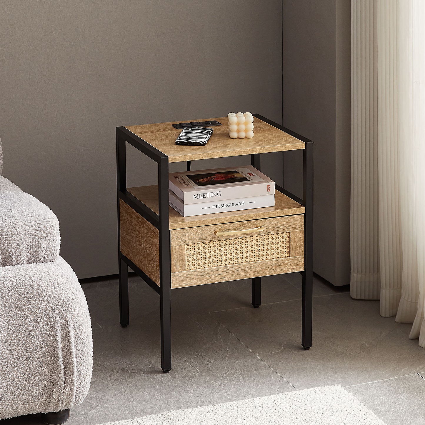 Rattan End Table With Power Outlet & USB Ports, Modern Nightstand With Drawer And Metal Legs, Side Table For Living Room, Bedroom - Natural