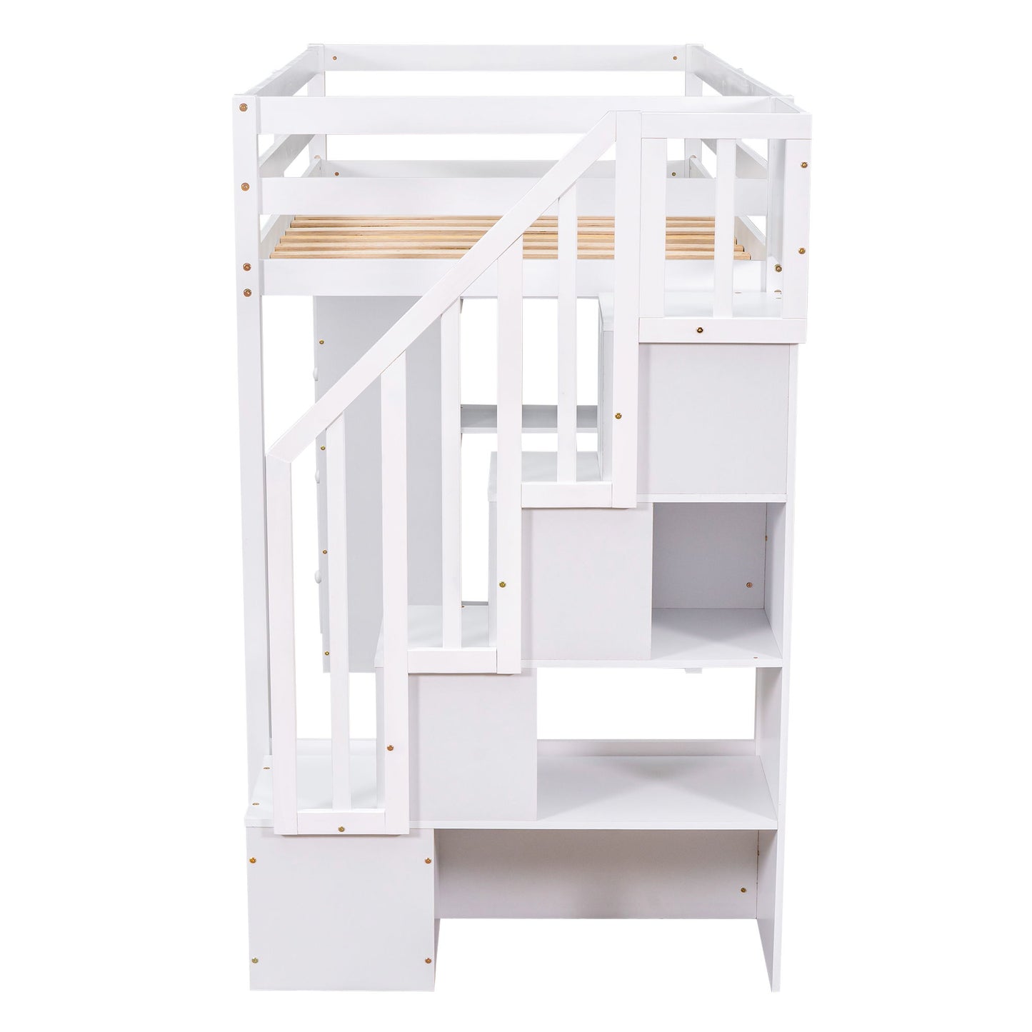 Twin Size Loft Bed With Storage Drawers And Stairs With Shelves - White