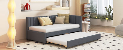 Upholstered Daybed With Trundle Twin Size Sofa Bed Frame No Box Spring Needed, Linen - Gray