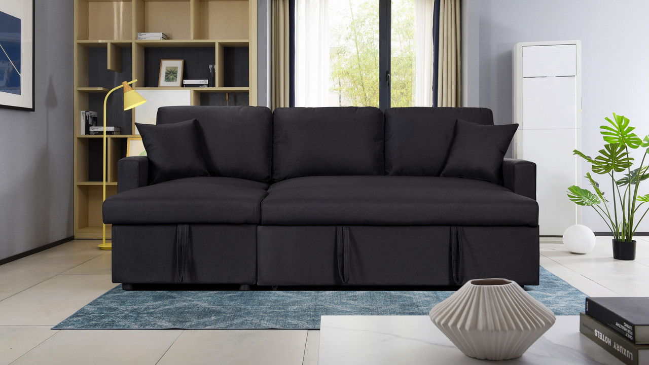 Paisley - Linen Fabric Reversible Sleeper Sectional Sofa With Storage Chaise - Black