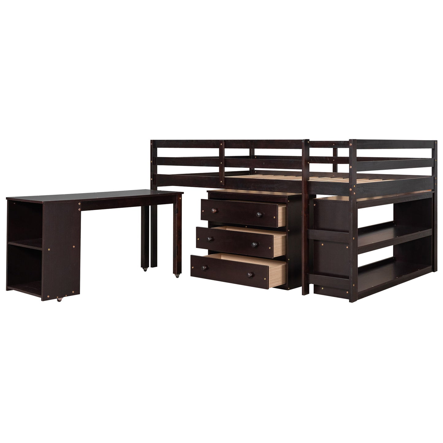 Full Loft Low Study Bed With Cabinet, Shelves And Rolling Portable Desk, Multiple Functions - Espresso