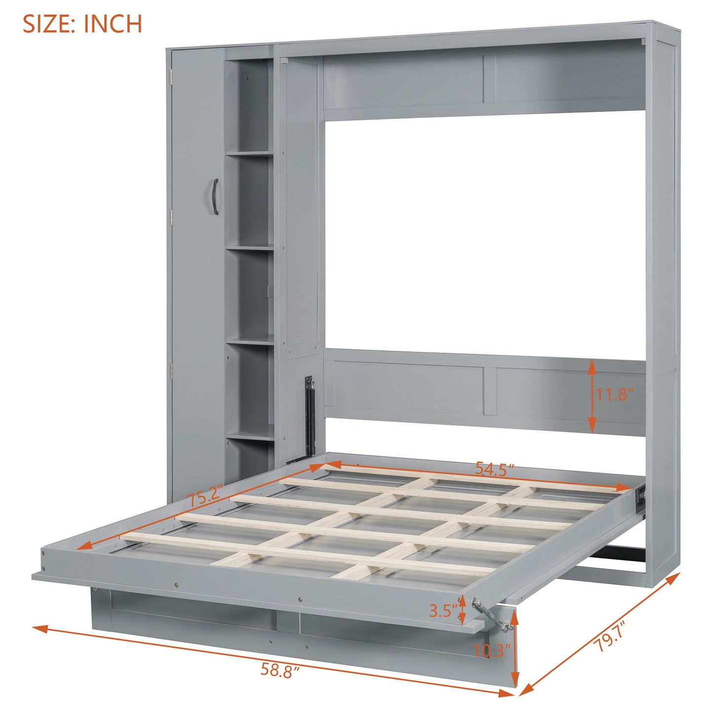 Full Size Murphy Wall Bed With Shelves, Wardrobe And LED Lights - Gray