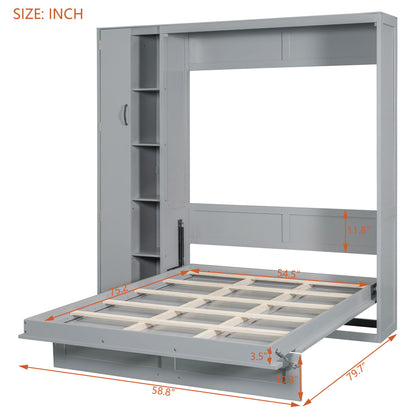 Full Size Murphy Wall Bed With Shelves, Wardrobe And LED Lights - Gray