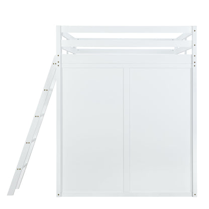 Full Size Loft Bed With Wardrobe And Desk And Shelves - White